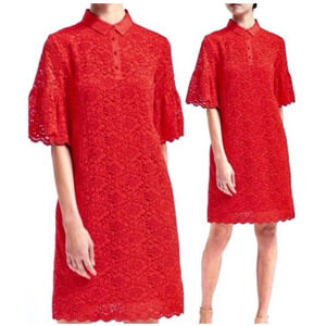 Banana Republic Women M Dress Polo Floral Lace Bell Sleeve Shift Collar Red